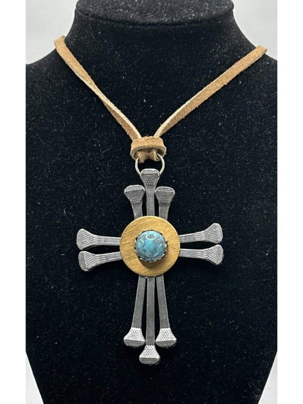 Handmade horse nail cross pendent turquose color Cabochon 3”X2.5”  32” Leather